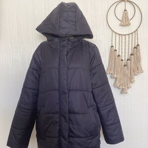 $388 Eileen Fisher Eggshell Recycled Nylon Short Puffer Coat Navy Ink Blue S